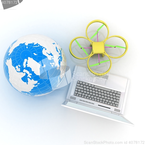 Image of Drone or quadrocopter with camera with laptop. Network, online, 