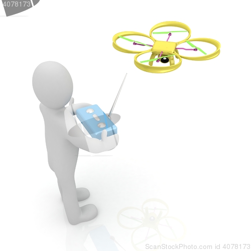 Image of 3d man with drone, quadrocopter, with photo camera. 3d render. 3