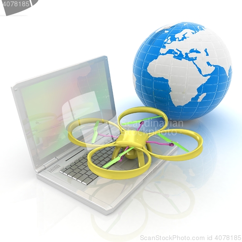 Image of Drone or quadrocopter with camera with laptop. Network, online, 