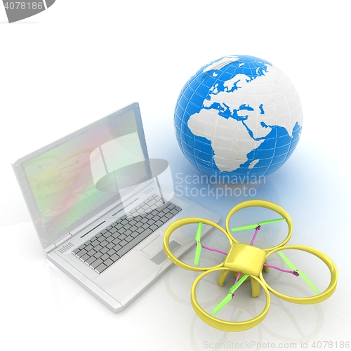 Image of Drone or quadrocopter with camera with laptop. Network, online, 