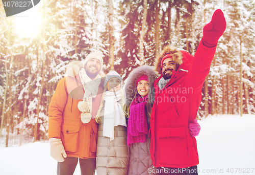 Image of group of smiling men and women in winter forest