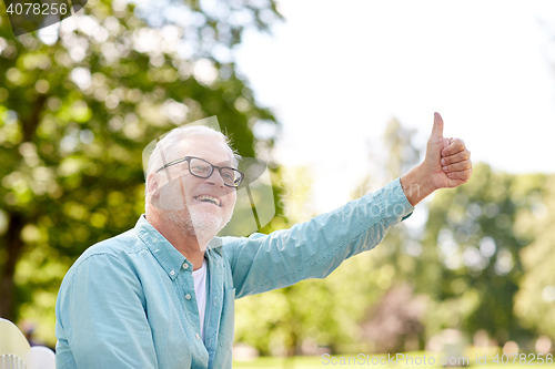 Image of happy senior man showing thumbs up at summer park