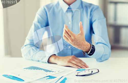 Image of close up of woman with transparent smartphone