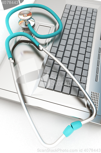 Image of silver laptop diagnosis with stethoscope. 3D illustration