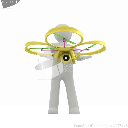 Image of 3d man with drone, quadrocopter, with photo camera. 3d render. 3