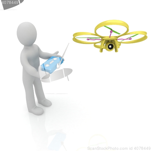 Image of 3d man with drone, quadrocopter, with photo camera. 3d render. 3