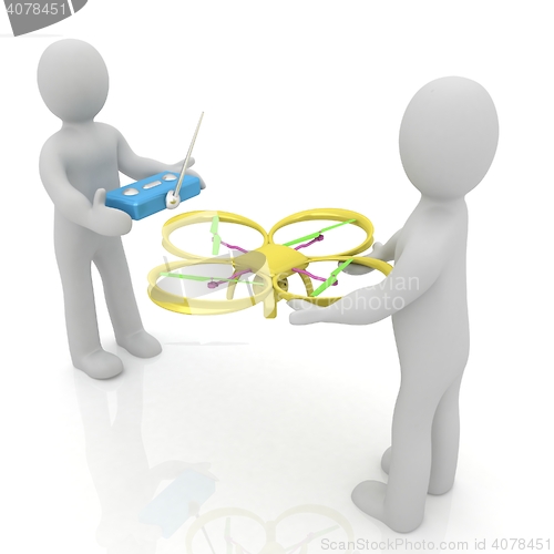 Image of 3d man with drone, quadrocopter, with photo camera. 3d render. 3