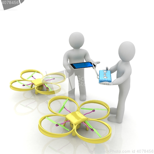 Image of 3d white people. Man flying a white drone with camera. 3D render