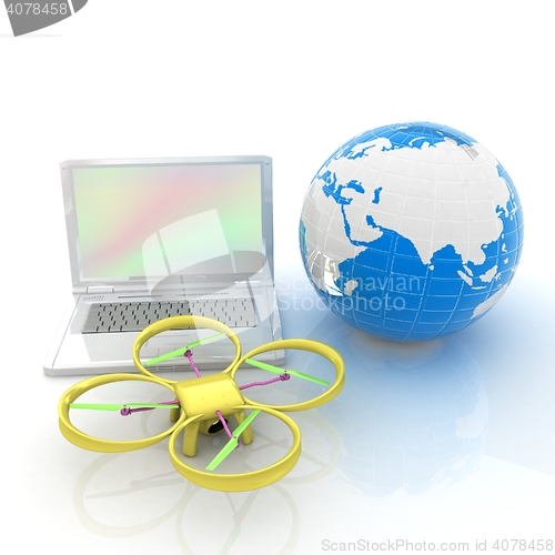 Image of Drone or quadrocopter with camera with laptop. Network, online, 