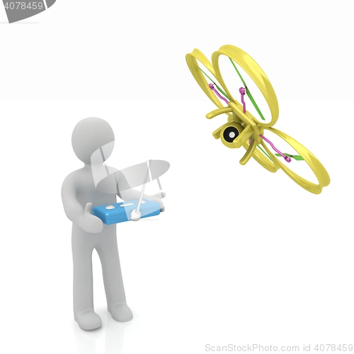 Image of 3d man with drone, quadrocopter, with photo camera. 3d render. 3