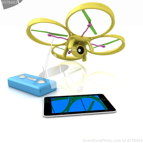 Image of Drone, remote controller and tablet PC