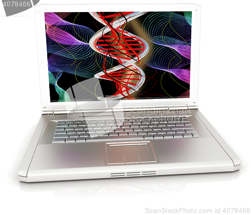 Image of Laptop with dna medical model background on laptop screen. 3d il