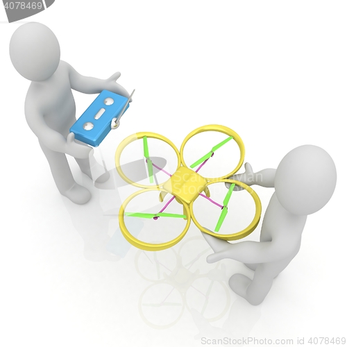 Image of 3d man with drone, quadrocopter, with photo camera. 3d render. 3