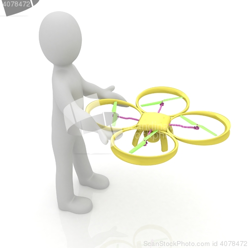 Image of 3d man with drone, quadrocopter, with photo camera. 3d render. 3