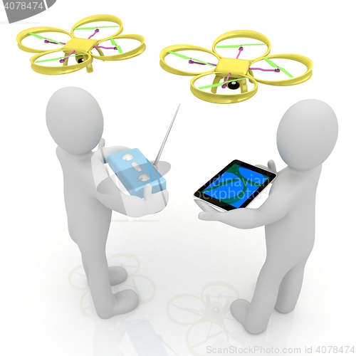 Image of 3d white people. Man flying a white drone with camera. 3D render