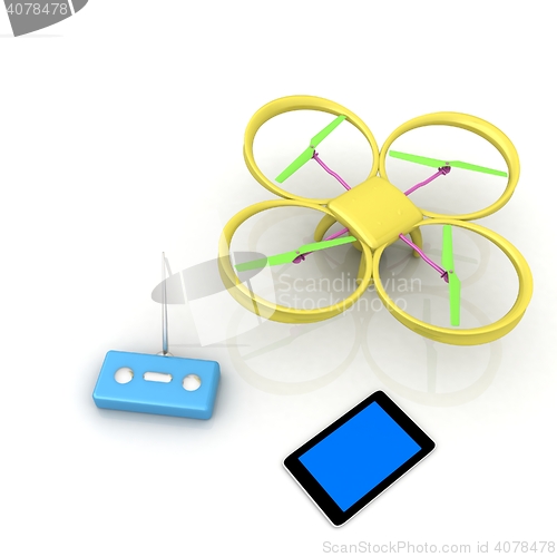 Image of Drone, remote controller and tablet PC