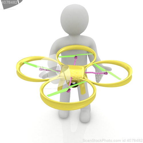 Image of 3d man with drone, quadrocopter, with photo camera. 3d render. 3