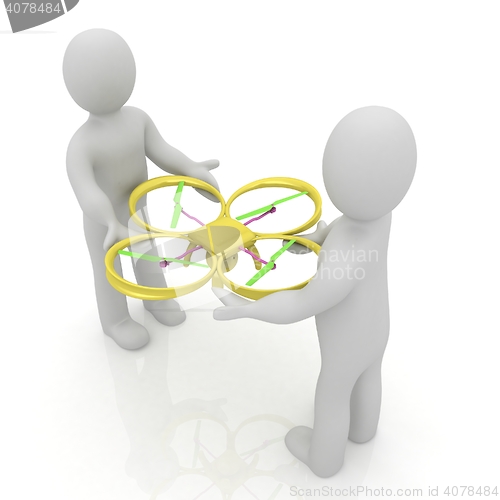 Image of 3d man with drone, quadrocopter, with photo camera. 3d render. 3