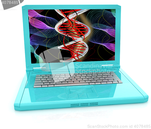 Image of Laptop with dna medical model background on laptop screen. 3d il