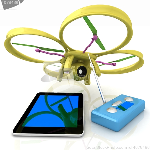 Image of Drone, remote controller and tablet PC