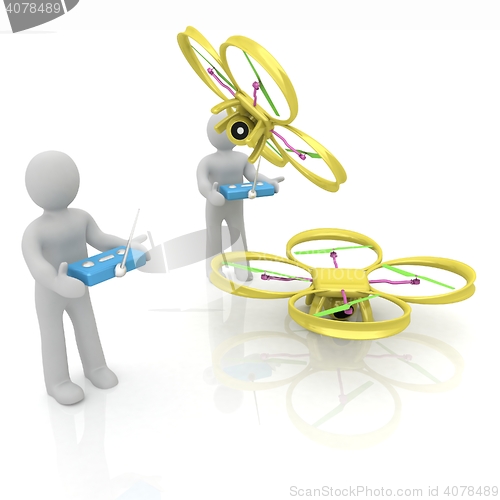 Image of 3d man with drone, quadrocopter, with photo camera. 3d render. 3