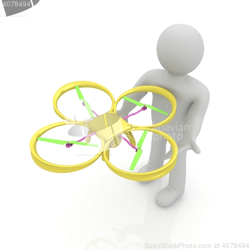 Image of 3d man with drone, quadrocopter, with photo camera. 3d render. 3