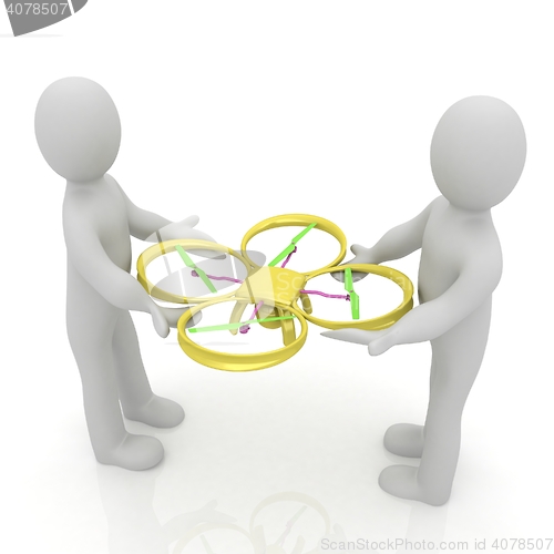 Image of 3d man with drone, quadrocopter, with photo camera. 3d render. 3