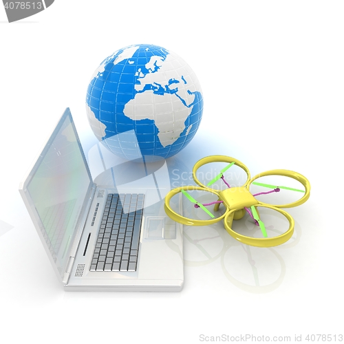 Image of Drone or quadrocopter with camera with laptop. Network, online, 