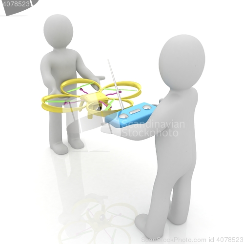 Image of 3d man with drone, quadrocopter, with photo camera. 3d render. 3