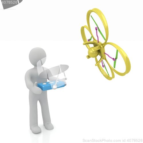 Image of 3d man with drone, quadrocopter, with photo camera. 3d render. 3