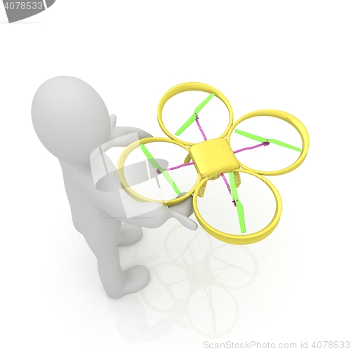 Image of 3d man with drone, quadrocopter, with photo camera. 3d render. 3