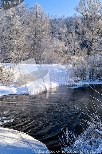 Image of Winter sunny landscape with river and forest