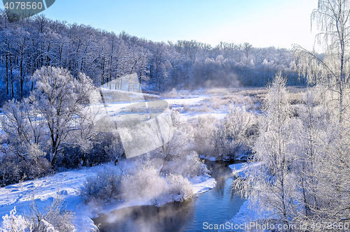 Image of Winter sunny landscape with river and forest