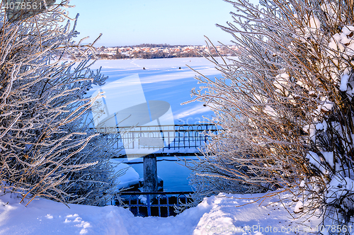 Image of Winter sunny landscape with river and forest