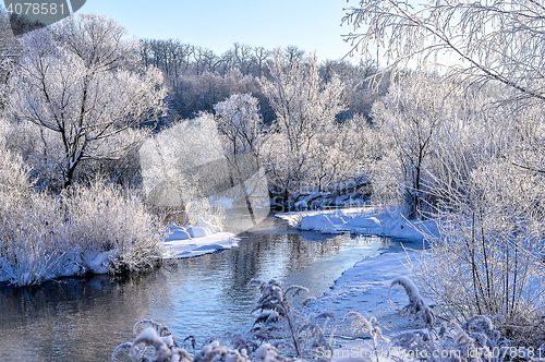 Image of Winter sunny landscape with river and forest