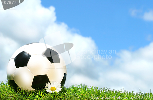 Image of Soccerball with daisy against a blue sky