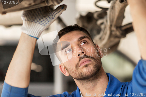 Image of mechanic man or smith repairing car at workshop