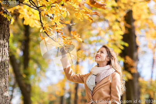 Image of beautiful happy young woman walking in autumn park