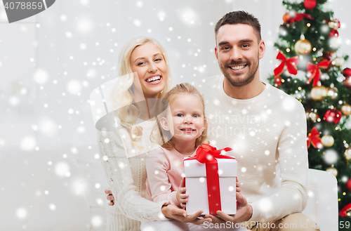 Image of happy family at home with christmas gift box