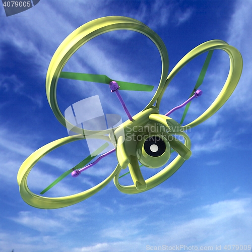 Image of Drone, quadrocopter, with photo camera against the sky. 3D illus