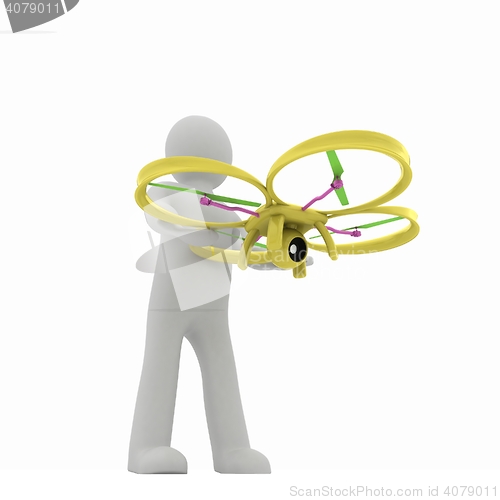 Image of 3d man with drone, quadrocopter, with photo camera. 3d render. 3