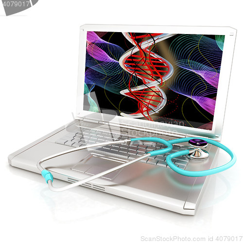Image of silver laptop diagnosis with stethoscope. 3D illustration