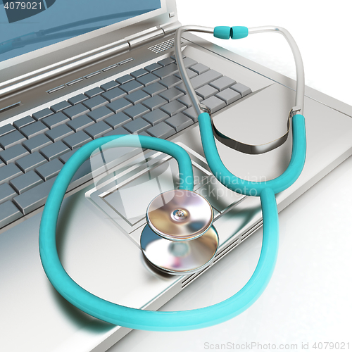 Image of silver laptop diagnosis with stethoscope. 3D illustration