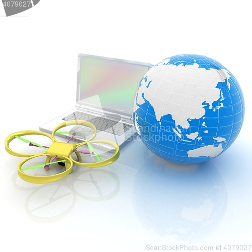 Image of Drone or quadrocopter with camera with laptop. Network, online, 