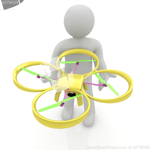 Image of 3d man with drone, quadrocopter, with photo camera. 3d render. 3