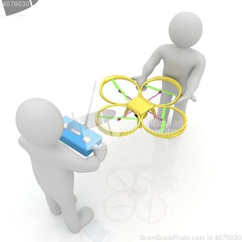 Image of 3d man with drone, quadrocopter, with photo camera. 3d render. 3