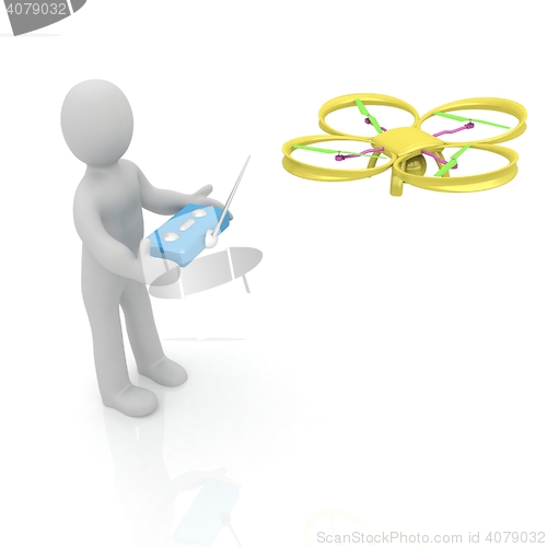 Image of 3d man with drone, quadrocopter, with photo camera. 3d render. 3