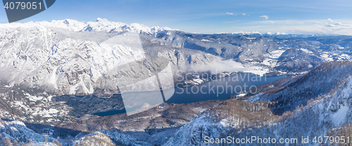 Image of View of the Lake Bohinj and the surrounding mountains in winter.