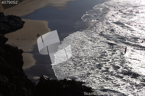 Image of Silhouette of man and dog having fun on seaside.