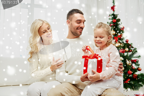 Image of happy family at home with christmas gift box